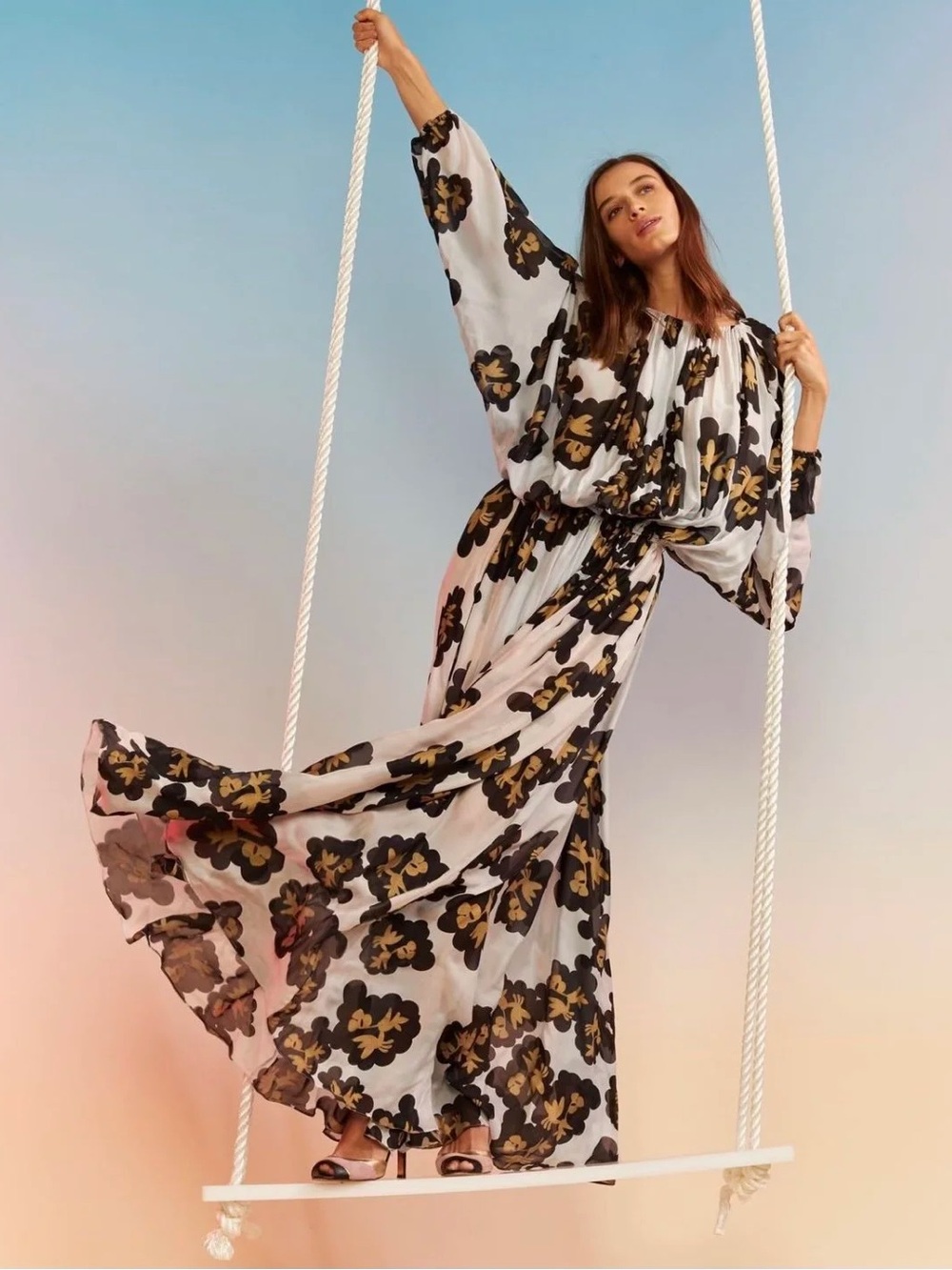 Cynthia Rowley Belize Flora Silk Maxi Dress with Black & Gold Print